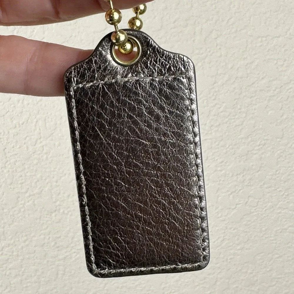 Coach Metallic Bronze Leather Hangtag‎ Keychain Gold Ball Chain Bag Charm